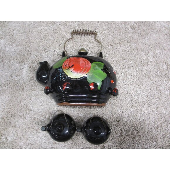 Vintage Wall hangiBlack Ceramic Teapot & Sugar Set With Hand-Painted Fruit Desig - Picture 2 of 4